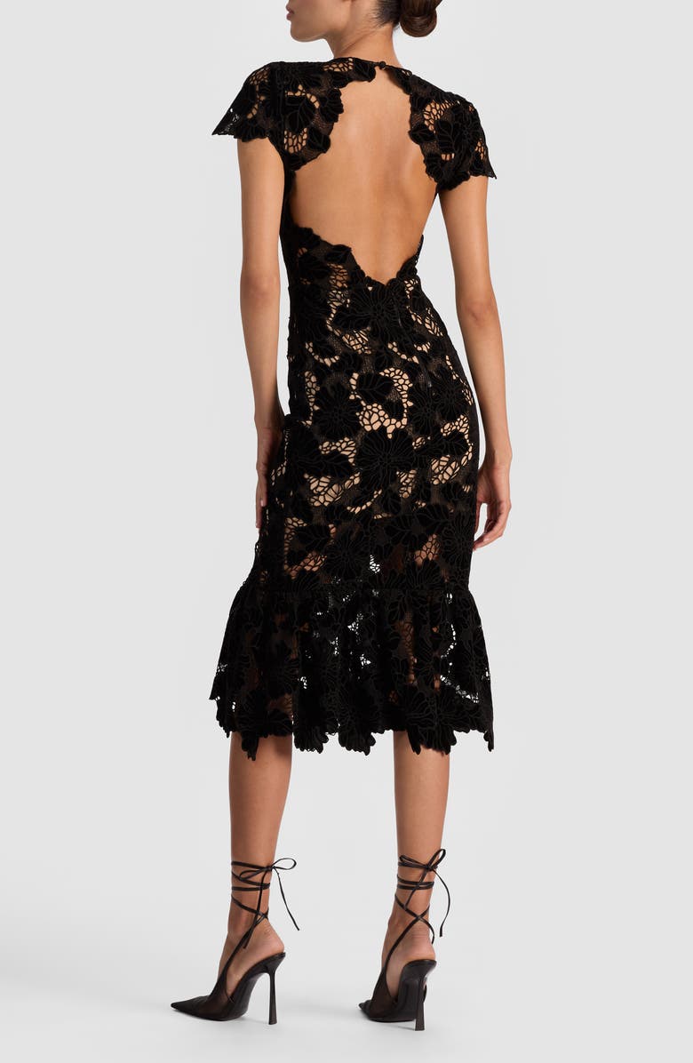 Alice + Olivia Clover Open Back Lace Overlay Midi Dress, Alternate, color, Black