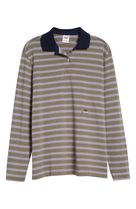 x Fruit of the Loom Stripe Long Sleeve Cotton Polo