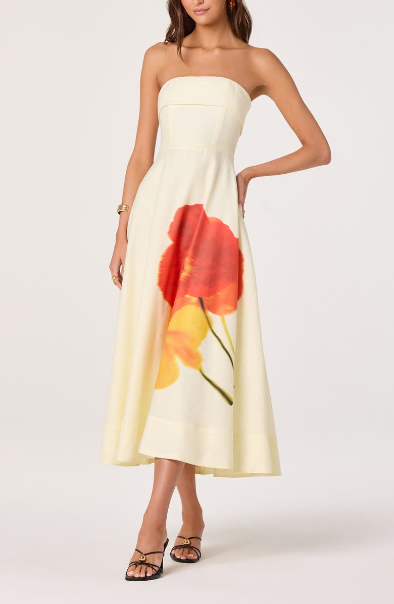 ASTR the Label Ximena Placed Floral Strapless Dress, Alternate, color, Red Yellow Floral