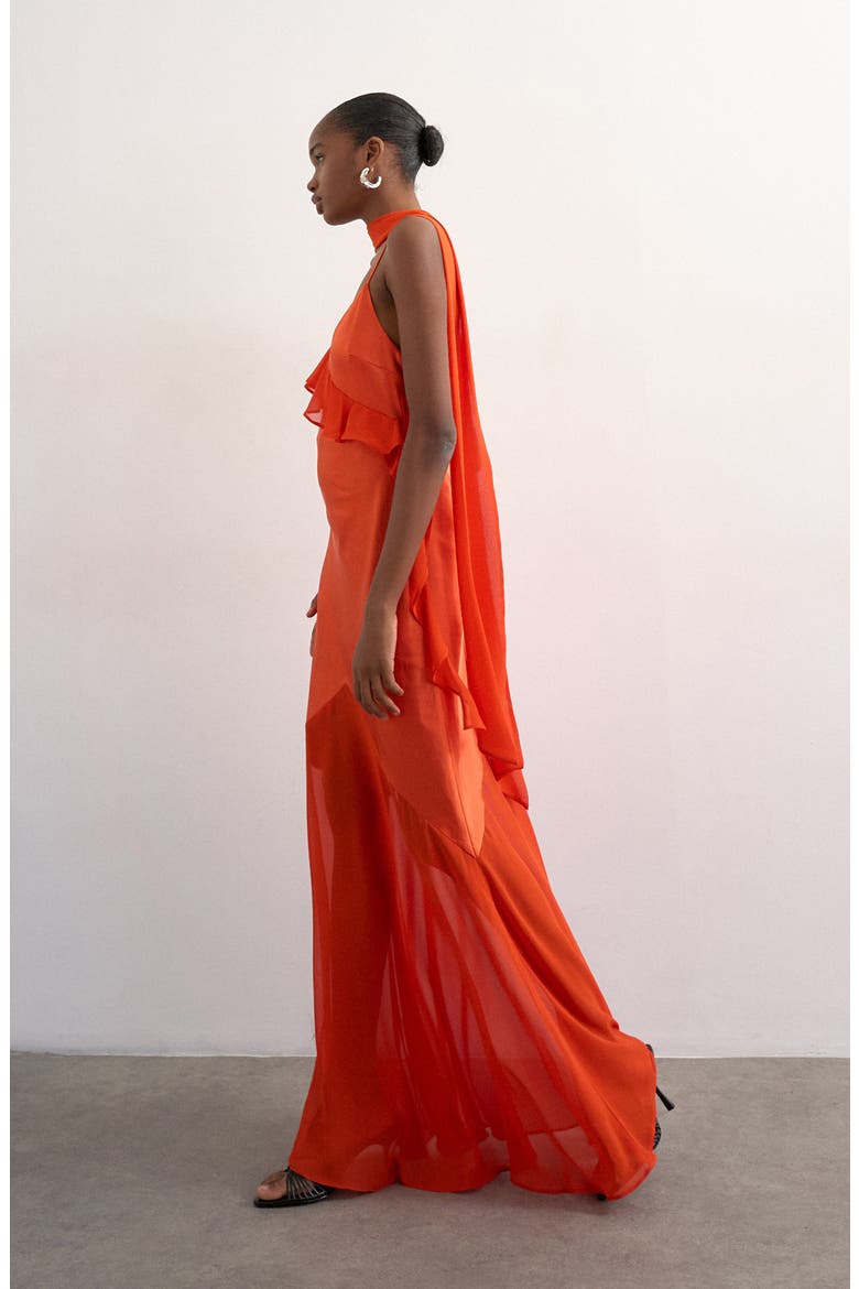Satin & Chiffon Ruffle Maxi Slipdress, Alternate, color, ORANGE