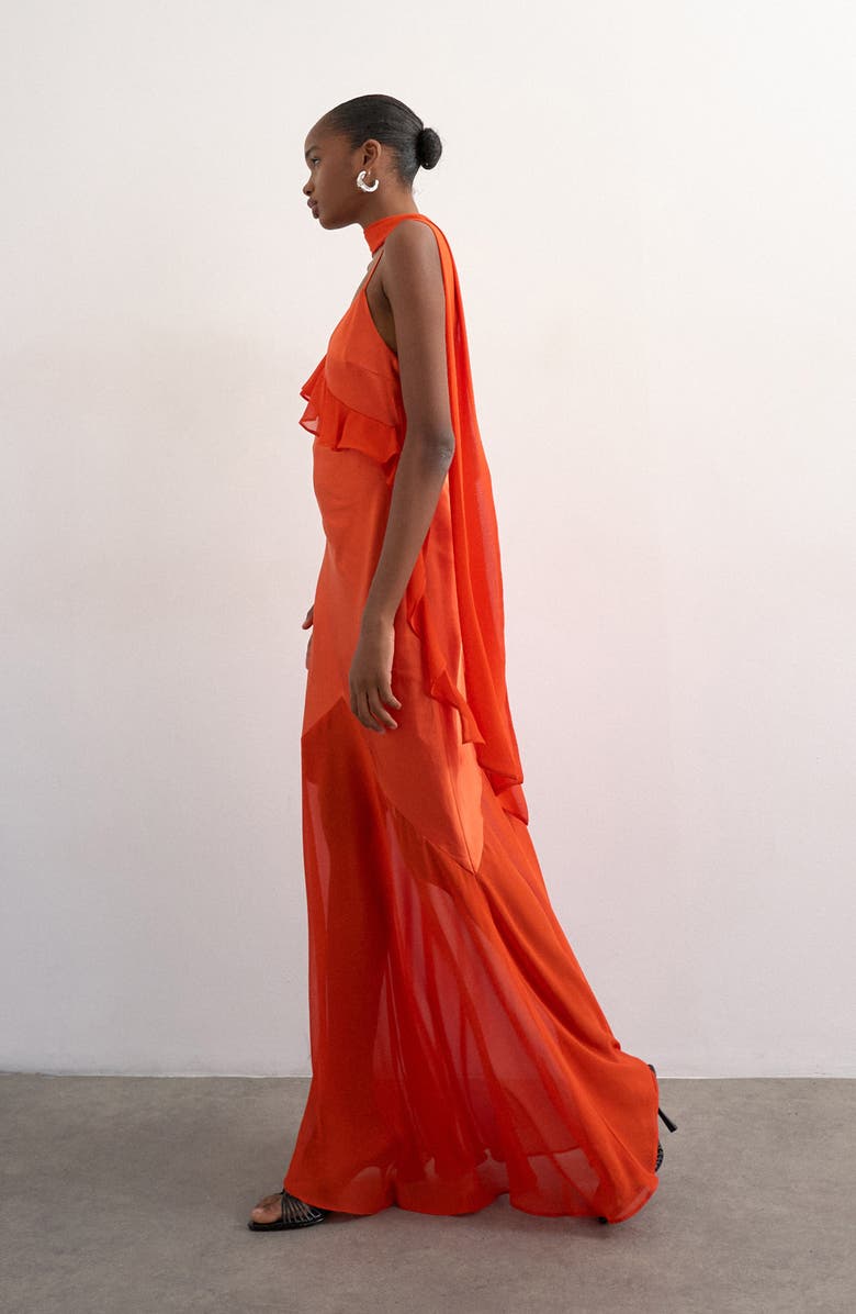 Topshop Satin & Chiffon Ruffle Maxi Slipdress, Alternate, color, Orange
