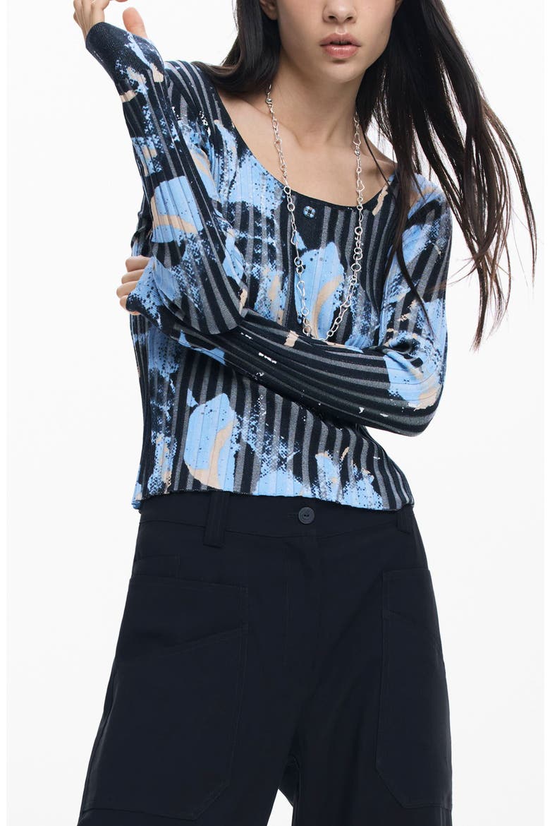 Abstract Print Rib Top, Alternate, color, BLUE