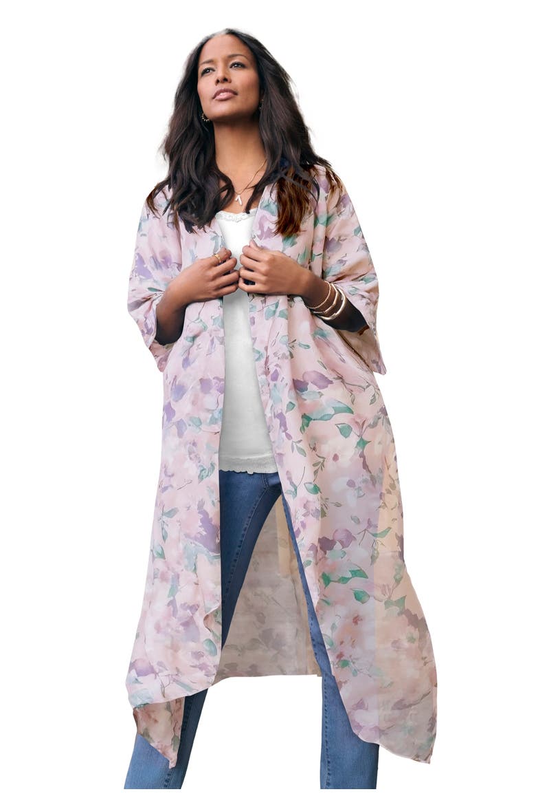Plus Size Flowy Chiffon Duster, Main, color, SOFT BLUSH WATERCOLOR