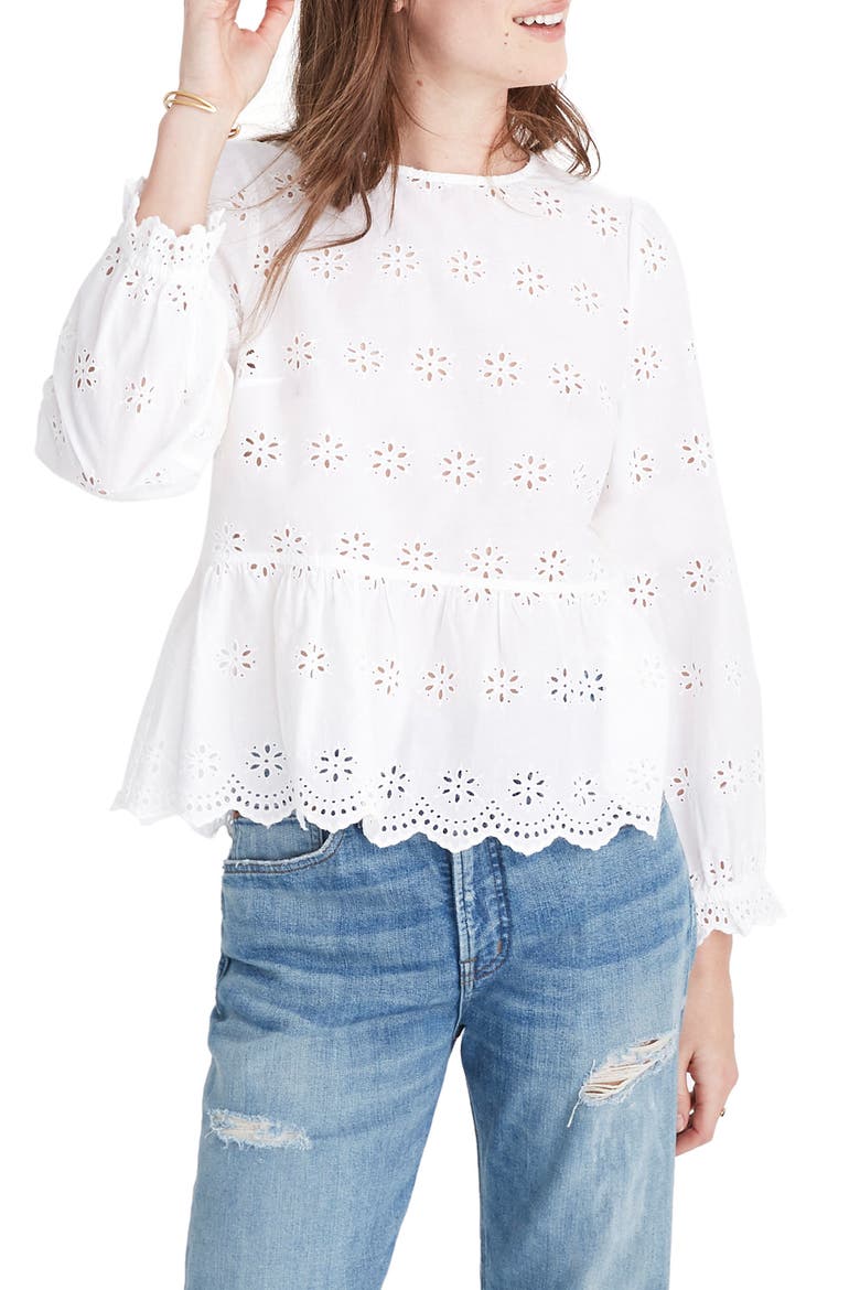 Eyelet Keyhole Peplum Top, Main, color, EYELET WHITE