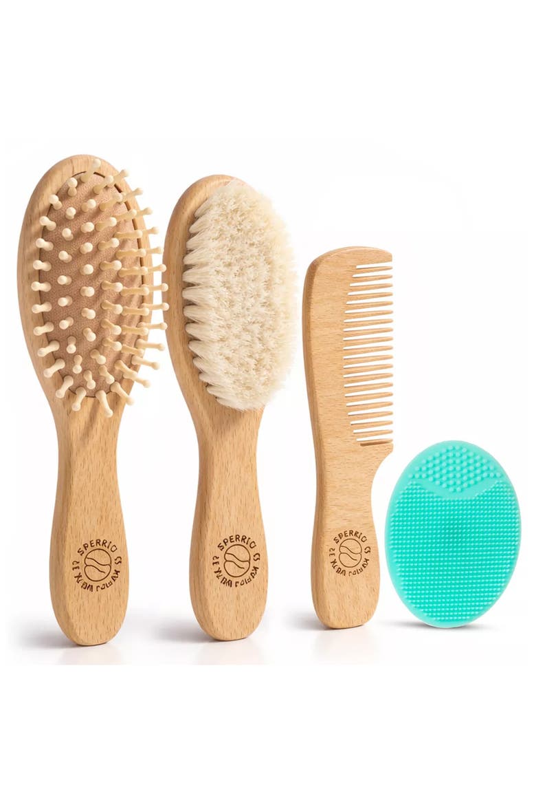 Wooden Baby Hair Brush with Soft Bristle and Comb Set, Main, color, Blue