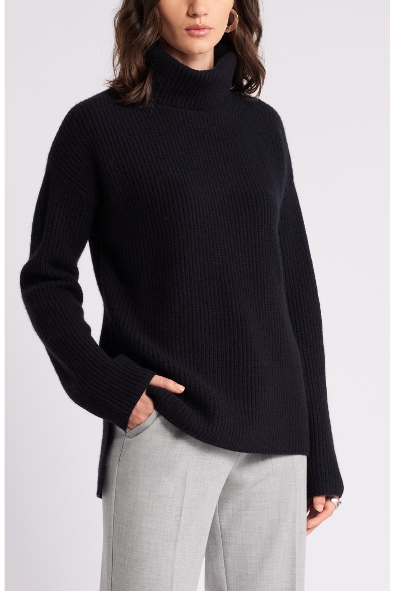 Wool & Cashmere Rib Turtleneck Sweater, Main, color, BLACK ROCK