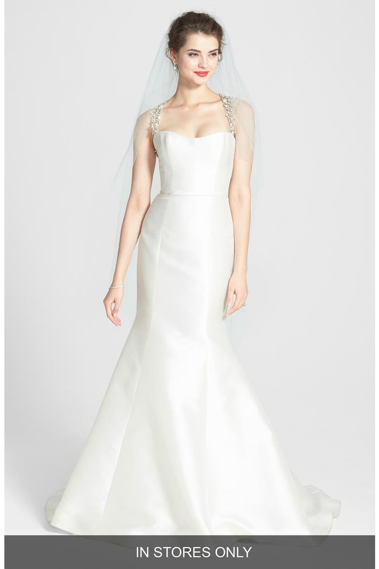 Lenox Beaded Illusion Strap Silk Blend Trumpet Dress, Main, color, IVORY