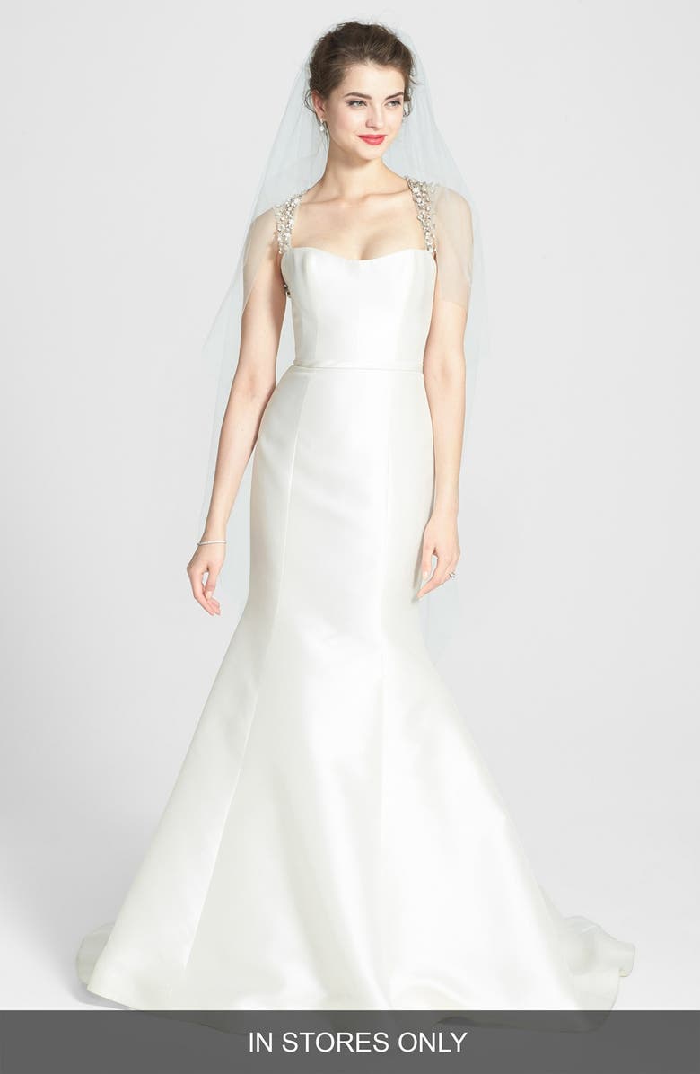 Amsale Lenox Beaded Illusion Strap Silk Blend Trumpet Dress, Main, color, 