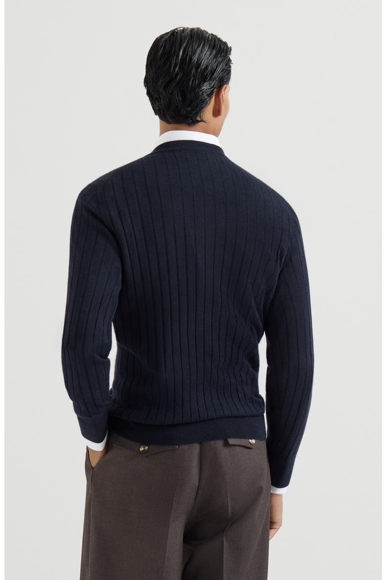 Cashmere and silk ribbed sweater with chest pocket, Alternate, color, Navy Blue