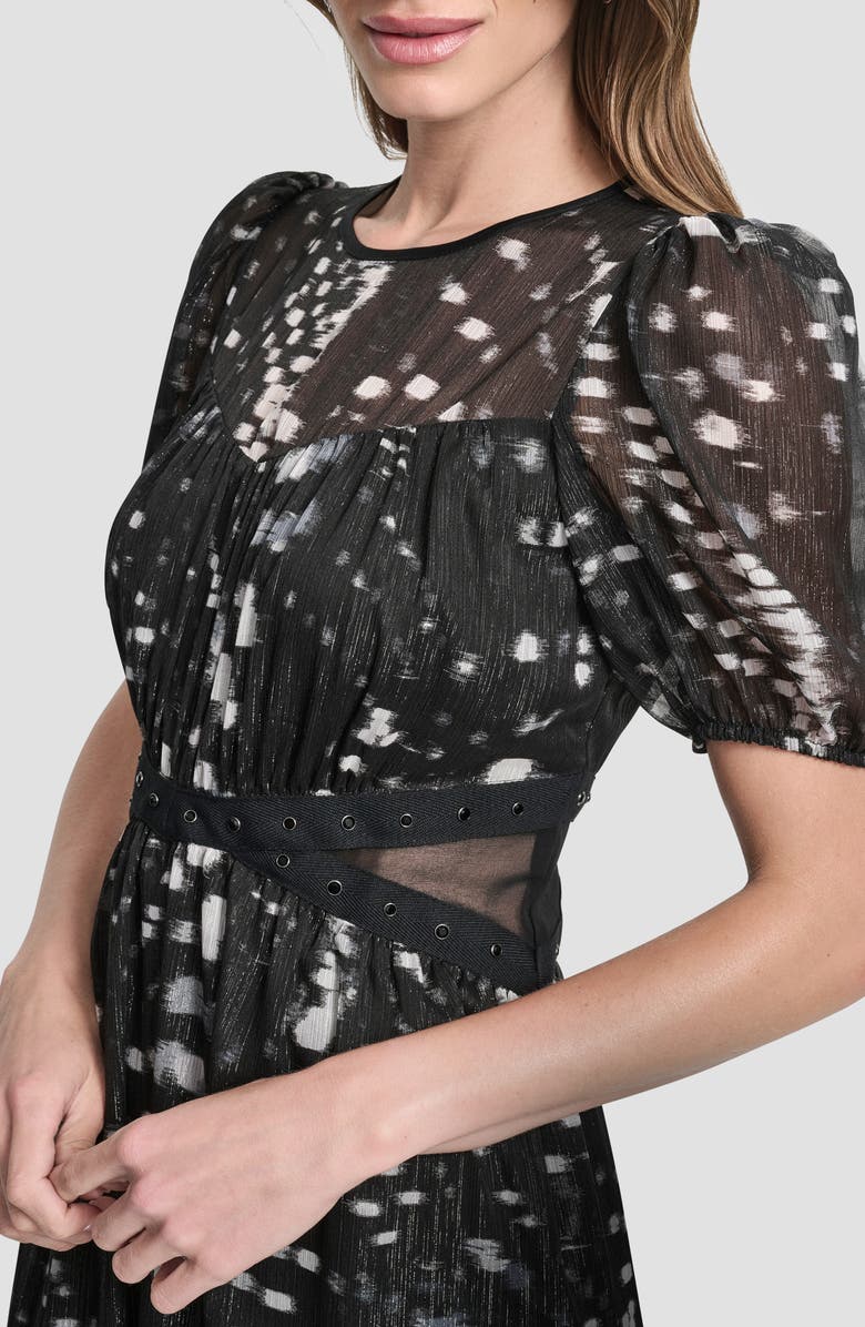 DKNY Shine Puff Sleeve Crinkle Chiffon Dress, Alternate, color, Reflected Lights