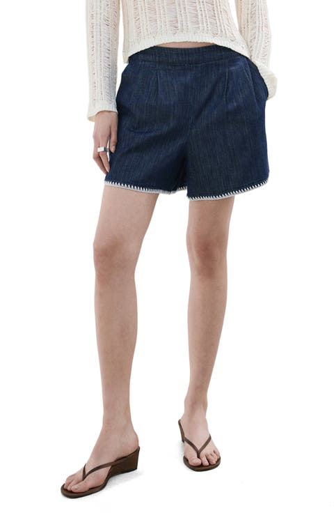 Pleated Pull-On Denim Shorts