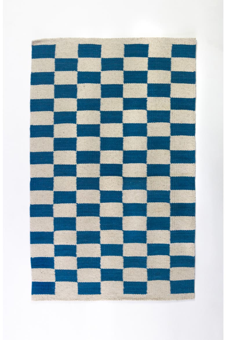 Zapotec Checkered Handwoven Flatweave Wool Rug, Main, color, Blue and Ivory