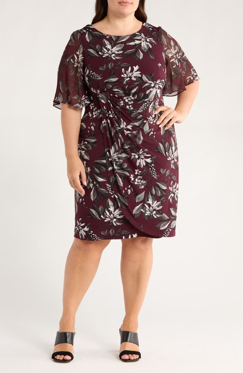 Connected Apparel Flutter Sleeve Dress, Main, color, Bordeaux
