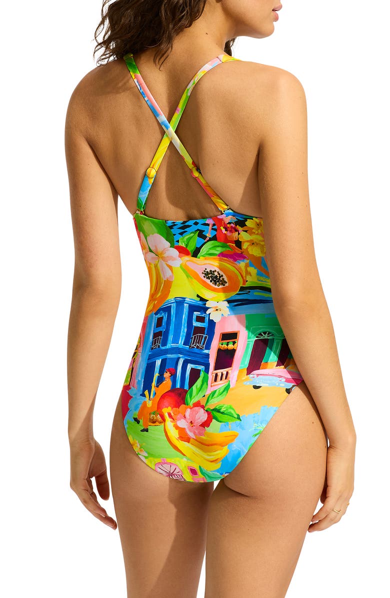 Seafolly Deep V-Neck One-Piece Swimsuit, Alternate, color, Turquoise