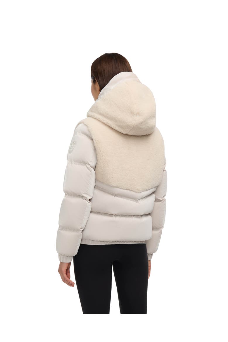 Nephele Mixed Media Short Puffer with Fixed Hood, Alternate, color, Champagne