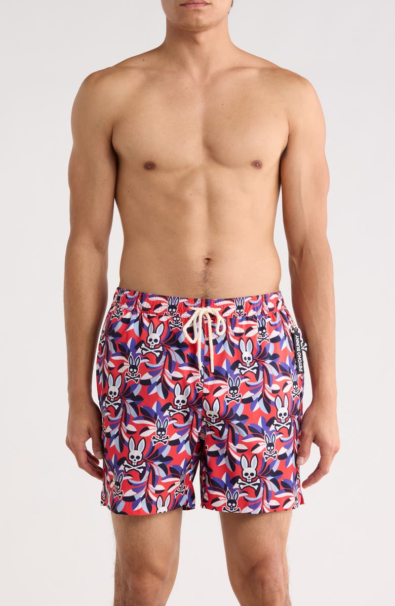 Psycho Bunny Florian Print Swim Trunks, Main, color, Bittersweet