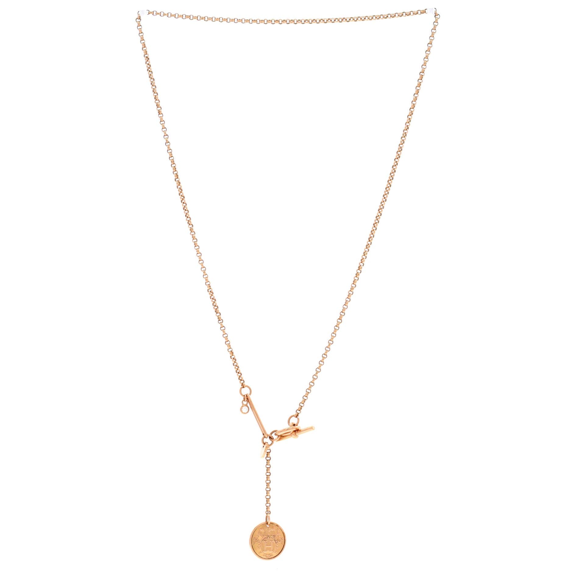Pre-Owned Hermes Ex-Libris Pendant Necklace 18K Rose Gold with Diamond Small, Alternate, color, Rose Gold