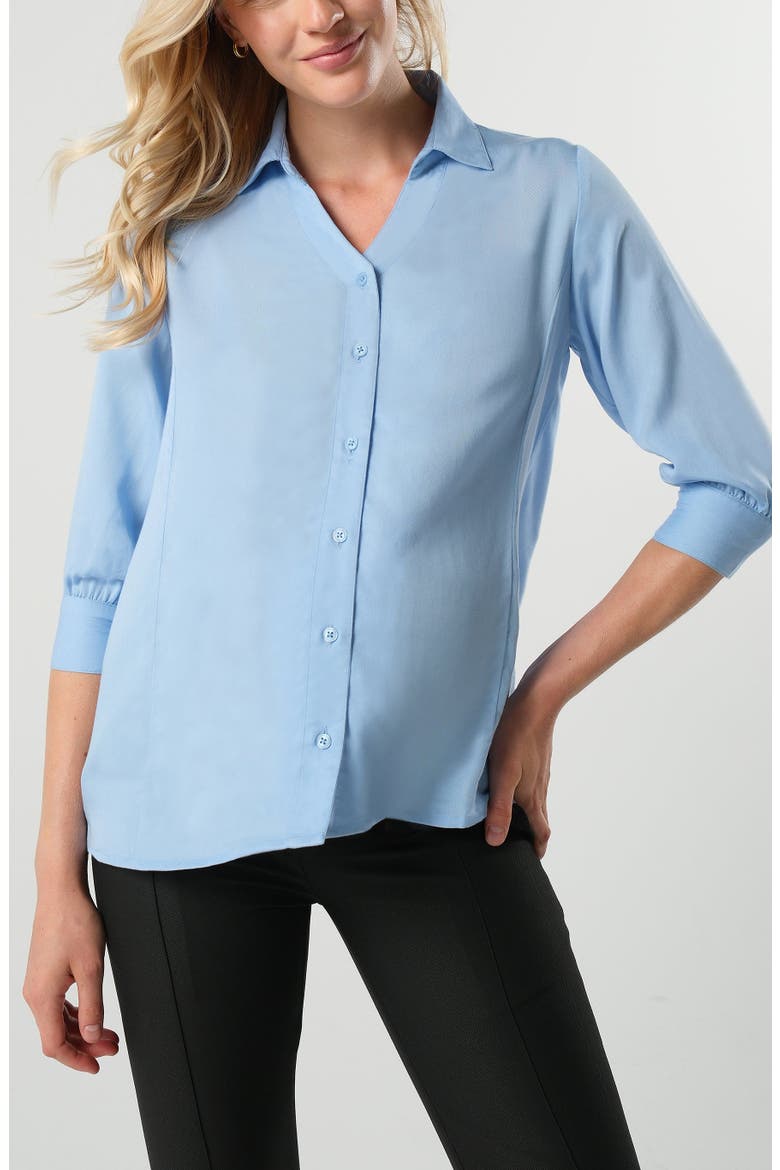 Women's Petite No-Gap 3/4 Sleeve Maternity & Nursing Button Down Shirt in with Bra Concealing Design in TENCEL, Alternate, color, Pale Blue