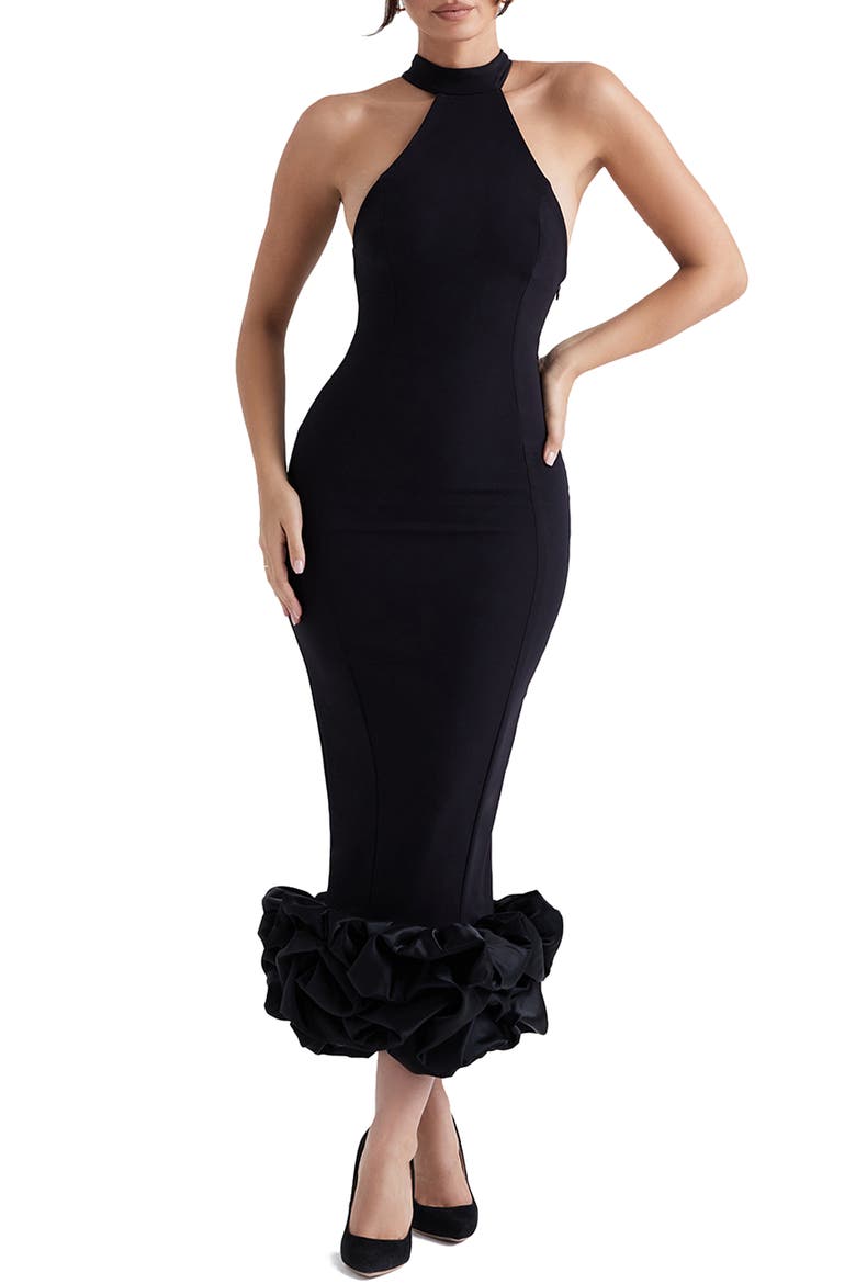 Juniper Halter Neck Ruffle Hem Crepe Cocktail Dress, Main, color, BLACK