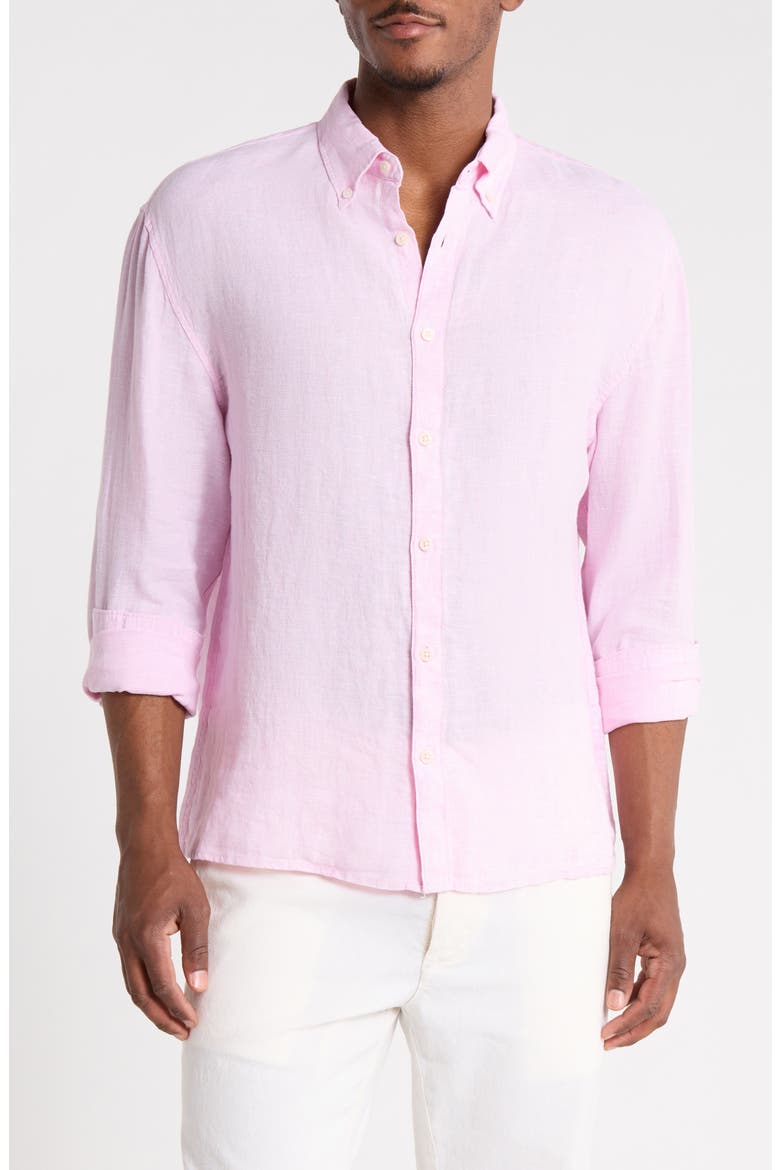 Linen Long Sleeve Button-Down Shirt, Main, color, PINK RUFFLE