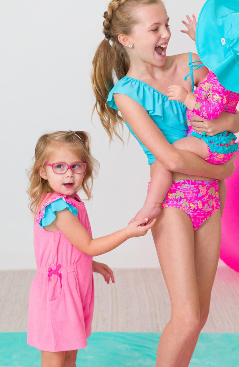 RuffleButts Kids' Neon Magenta Cover-Up Romper, Alternate, color, Pink