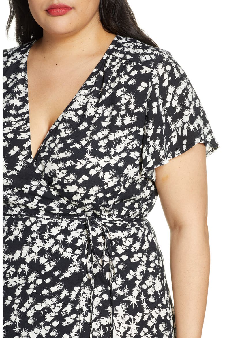 Print Flutter Sleeve Wrap Dress, Alternate, color, BLACK STARBURST