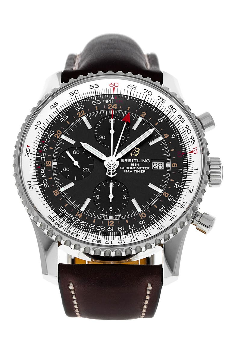Breitling Preowned Navitimer Leather Strap GMT 46 Chronograph Watch, 46mm, Main, color, BLACK