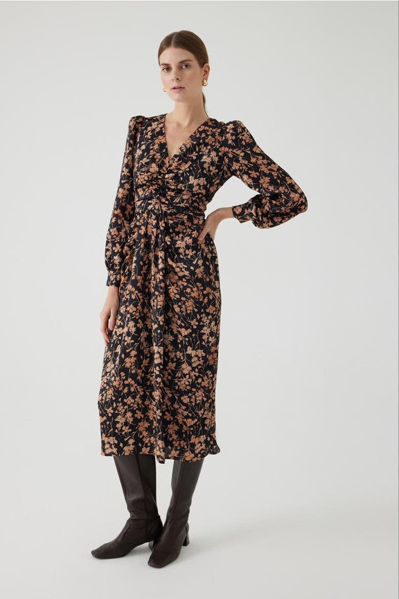 Floral Print V Neck Waist Fit Midi Dress, Main, color, MULTICOLOR