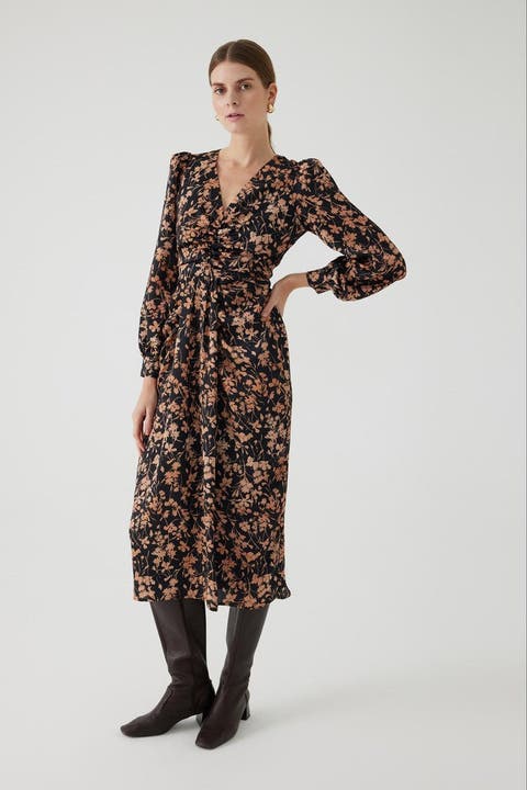 Floral Print V Neck Waist Fit Midi Dress