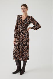 Exquise Floral Print V Neck Waist Fit Midi Dress