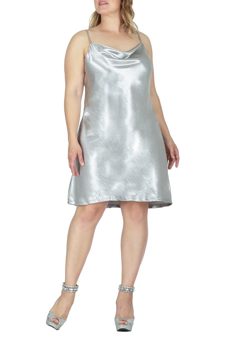 Cowl Neck Metallic Crinkle Satin Slipdress, Main, color, SILVER