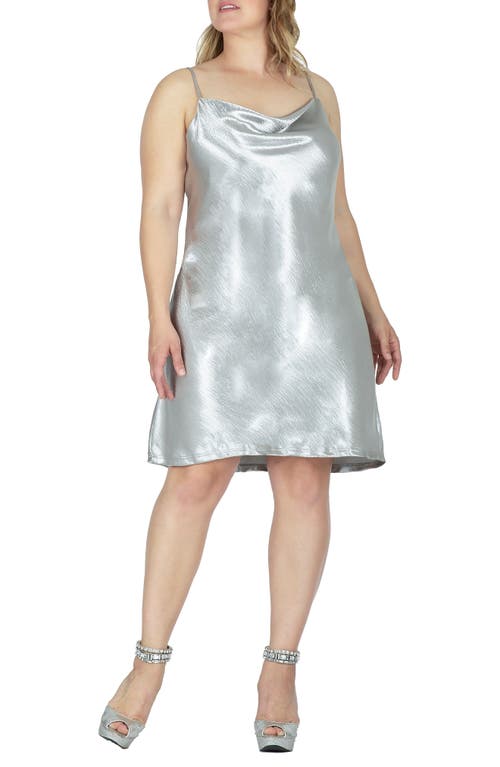 Standards & Practices Cowl Neck Metallic Crinkle Satin Slipdress in Silver 