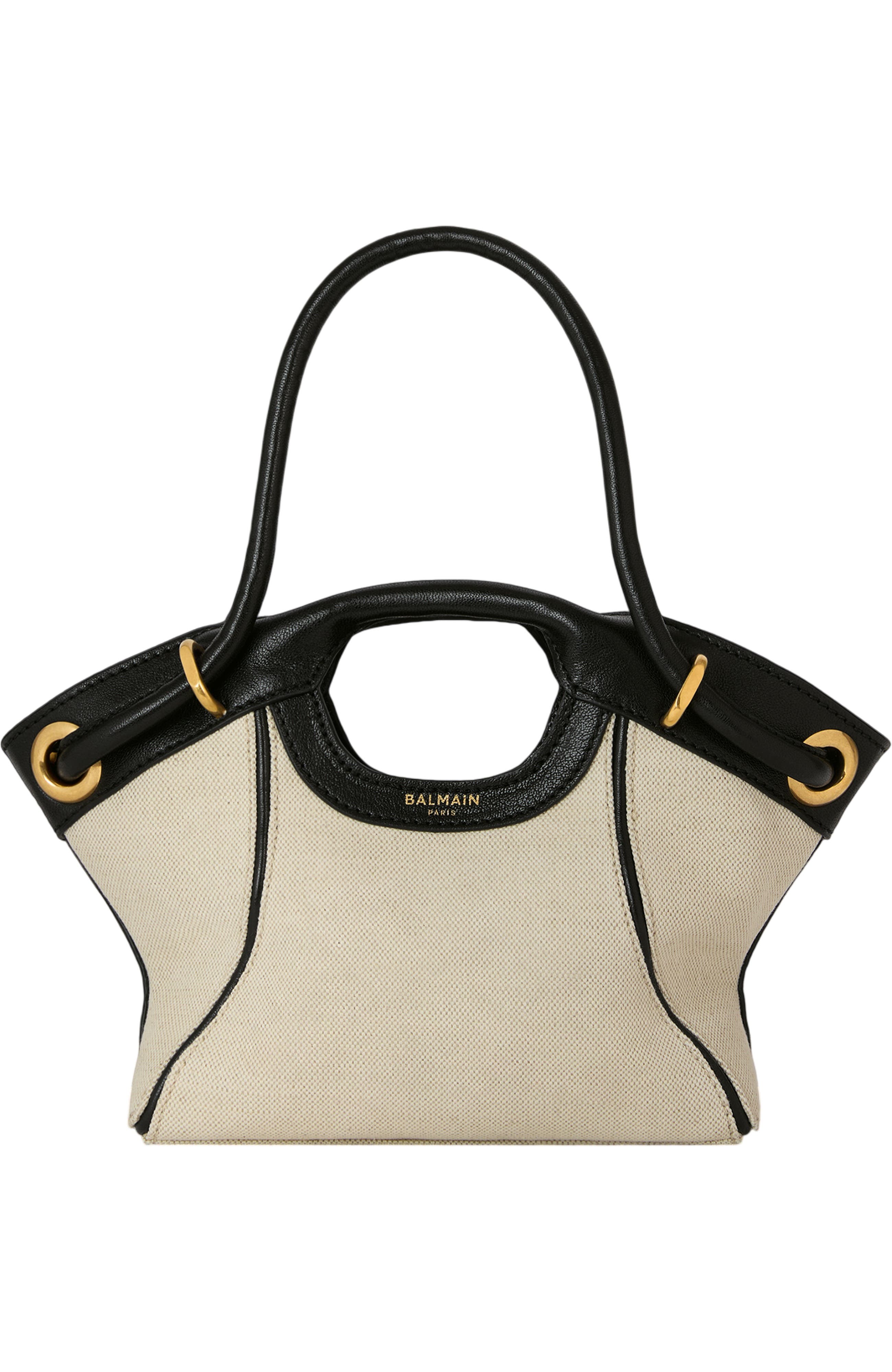 Balmain Small Tote in smooth leather and canvas, Main, color, Beige