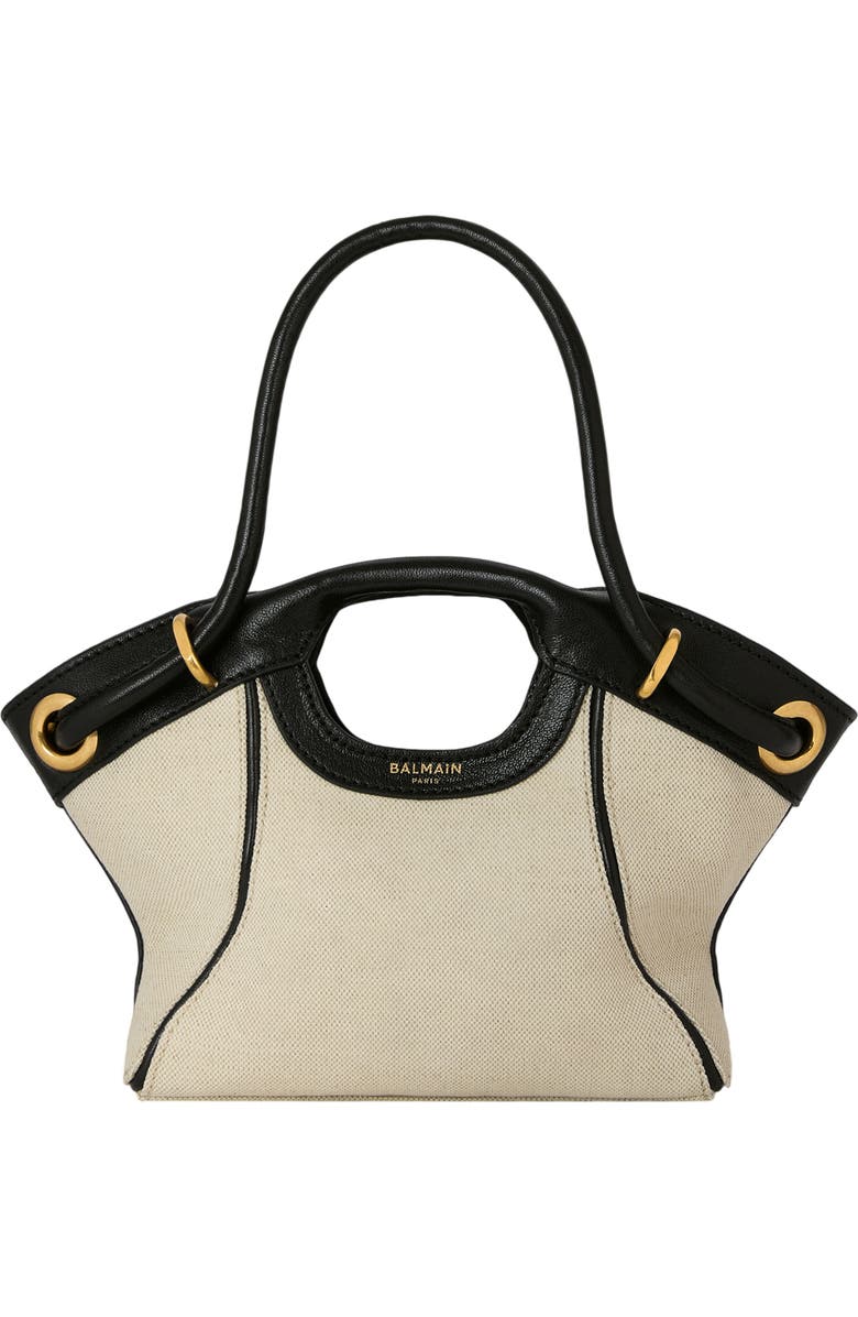 Balmain Small Tote in smooth leather and canvas, Main, color, Beige