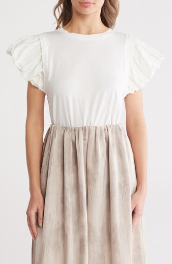 Patrizia Luca Ruched Puff Sleeve Mixed Media T-shirt In White