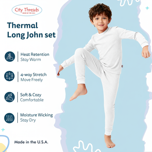 City Threads Boys Soft & Cozy Thermal Long Johns 2-piece Set In White