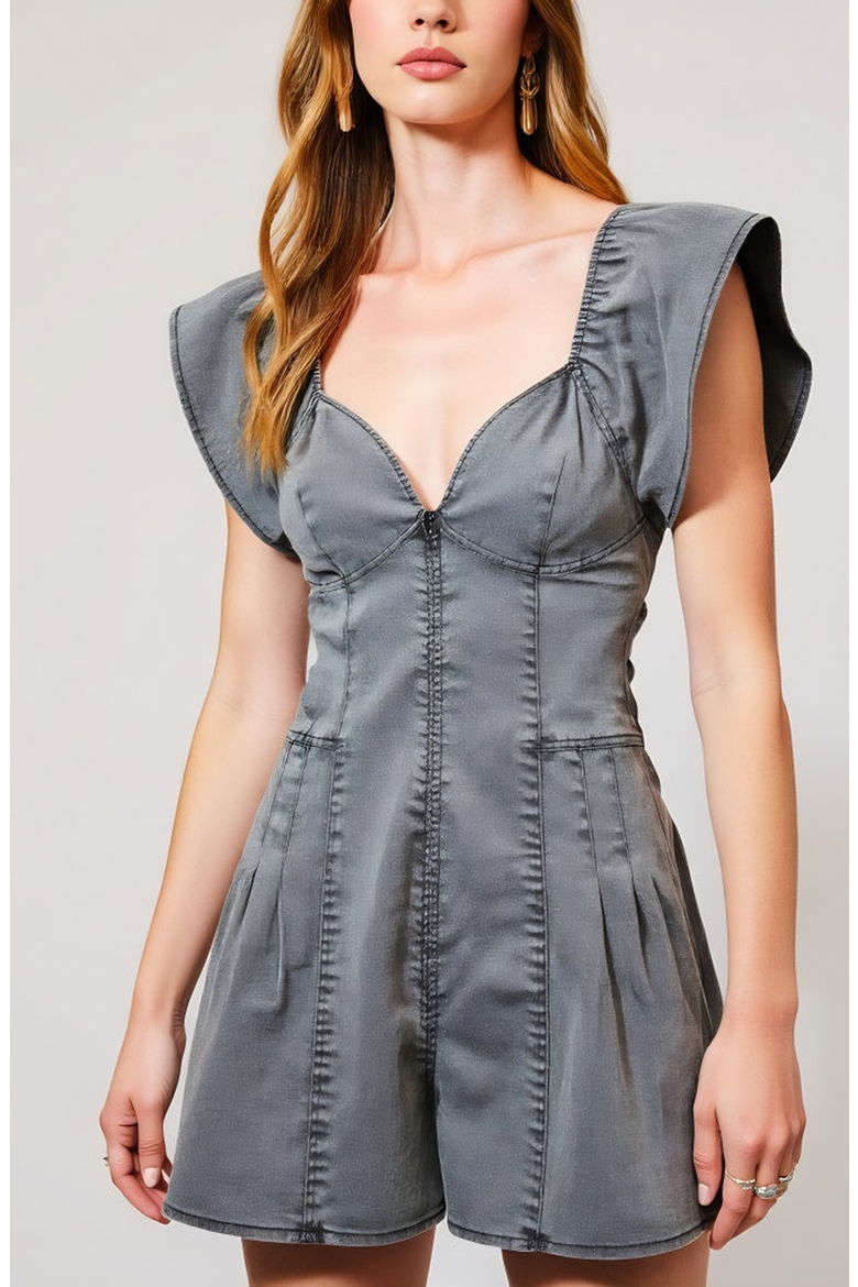 Structured Zip Front Romper with Flutter Sleeves and Pleated Detail, Alternate, color, Gray