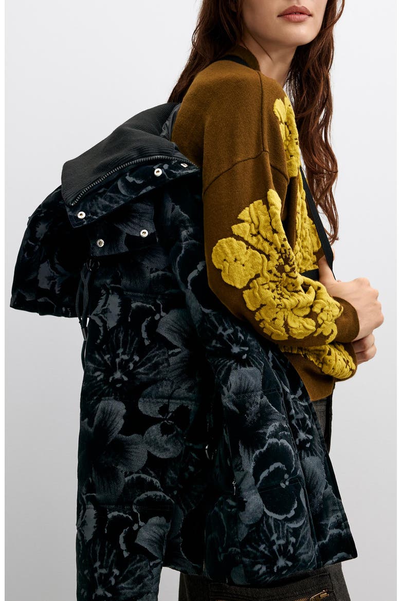 Floral Quilted Puffer Coat, Alternate, color, BLACK