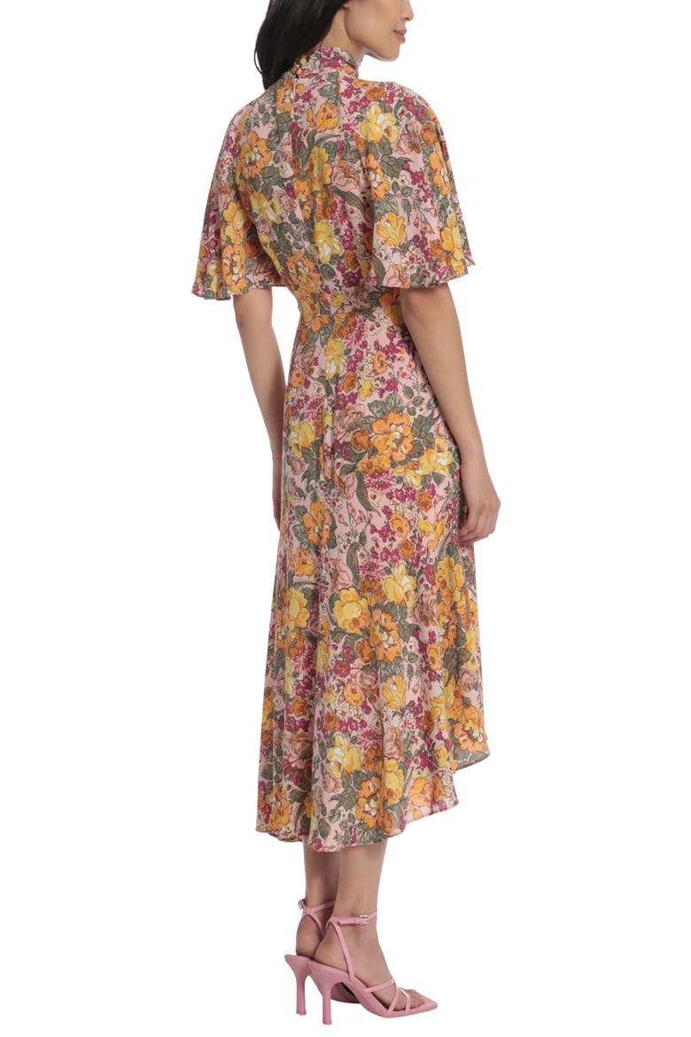 Floral Asymmetric Flutter Sleeve Midi Dress, Alternate, color, SOFT SALMON/ CARROT