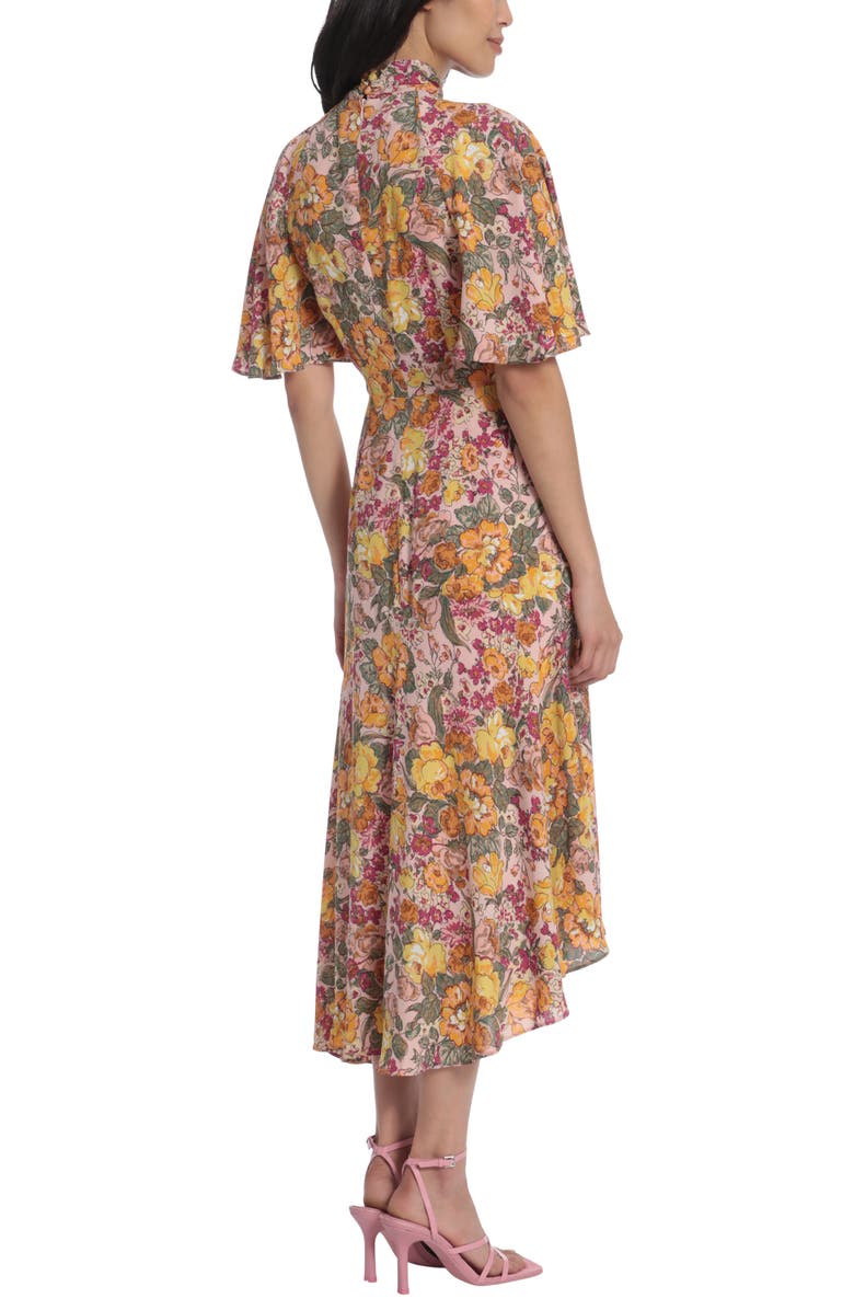 Maggy London Floral Asymmetric Flutter Sleeve Midi Dress, Alternate, color,