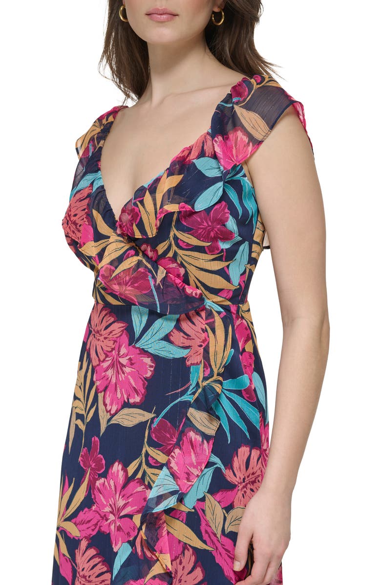 Kensie Tropical Floral Chiffon Faux Wrap Dress, Alternate, color, 