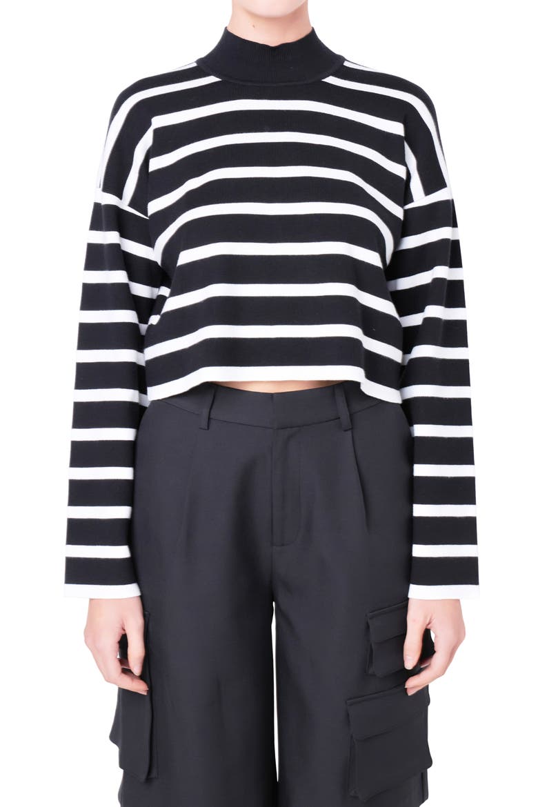 Stripe Turtleneck Crop Sweater, Alternate, color, BLACK/ WHITE