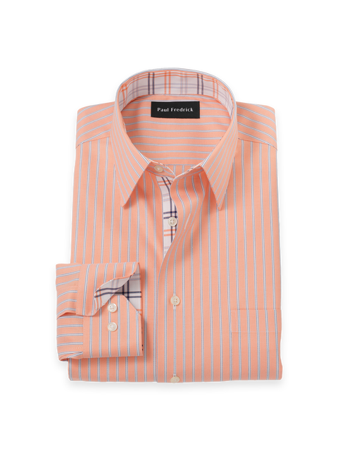 Cotton Poly Spandex Point Collar Twill Slim Contrast Trim Button Cuff Long Sleeve