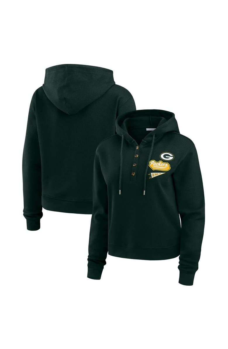 WEAR by Erin Andrews Women's WEAR by Erin Andrews Green Green Bay Packers Waffle-Knit Pullover Hoodie, Main, color, 