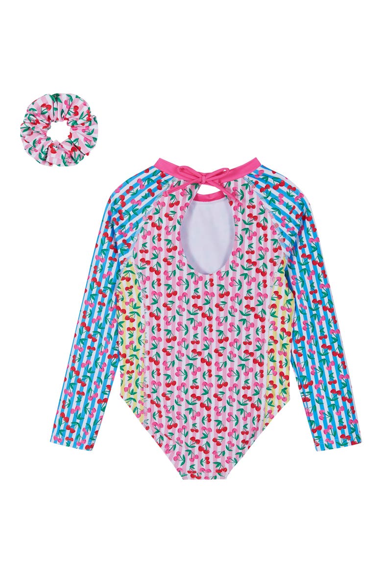Kids' Long Sleeve One-Piece Rashguard Swimsuit with Scrunchie, Alternate, color, PINK CHERRY