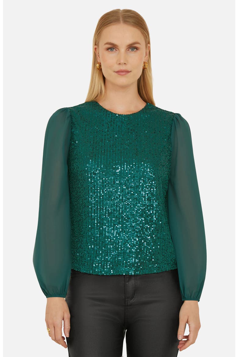 Sheer Sleeve Sequin Top, Main, color, Green