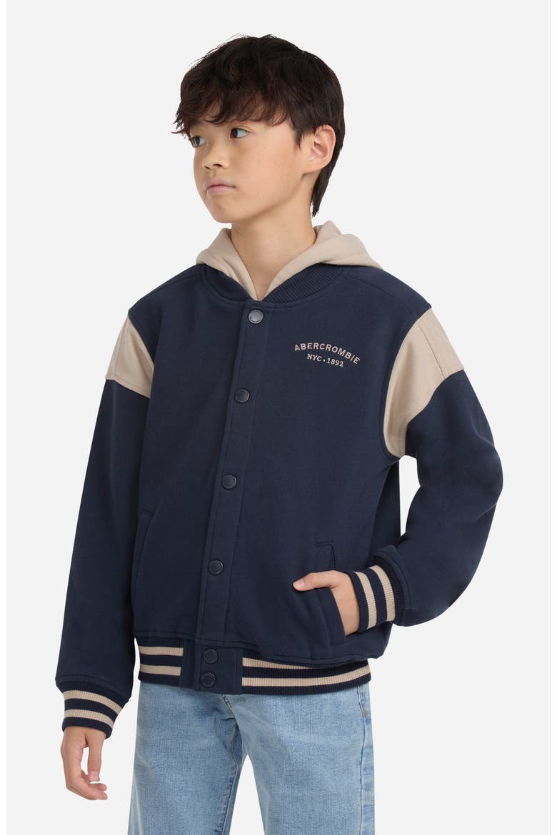Kids' Colorblock Hooded Fleece Bomber Jacket, Alternate, color, NAVY BLAZER