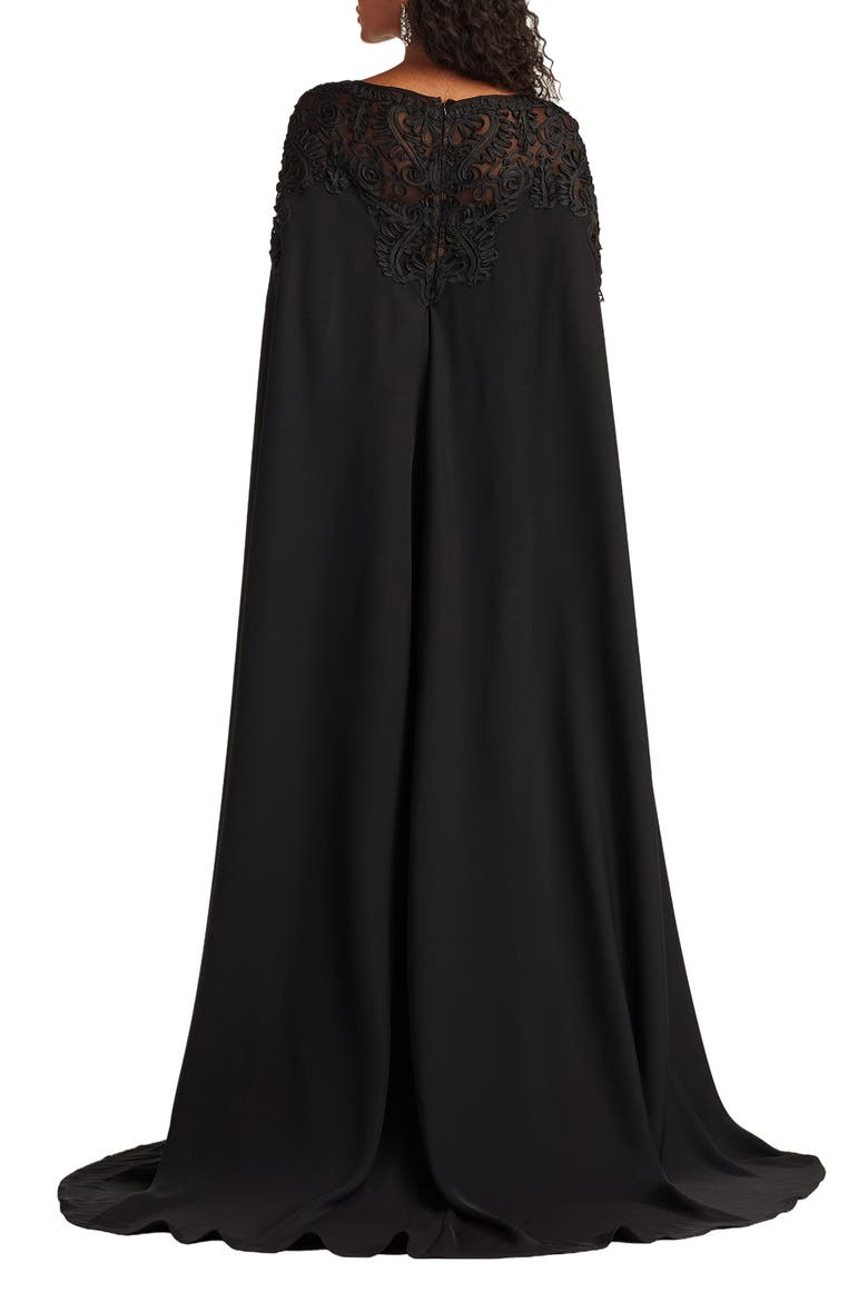 Lace & Crepe Cape Gown, Alternate, color, BLACK