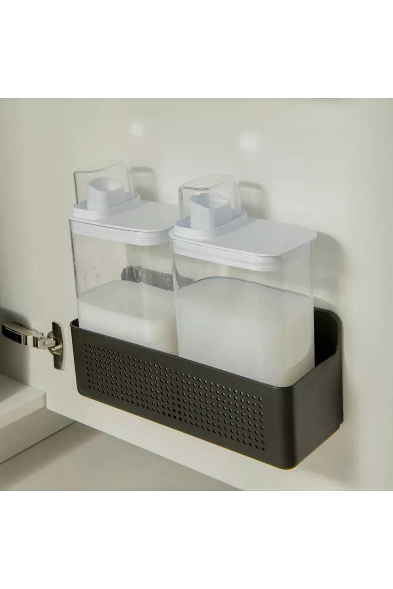 Clear Airtight 50oz & 77oz Laundry Dispenser Set with Measuring Caps and Wall Mounted Storage Basket, 3 Piece Organizer, Alternate, color, Black