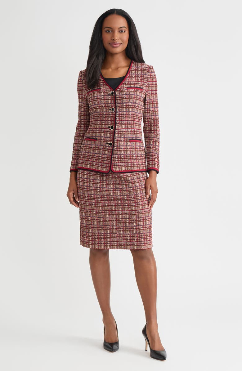 Misook Tailored Plaid Multi-Stitch Knit Jacket, Alternate, color, Scarlet Red/Truffle